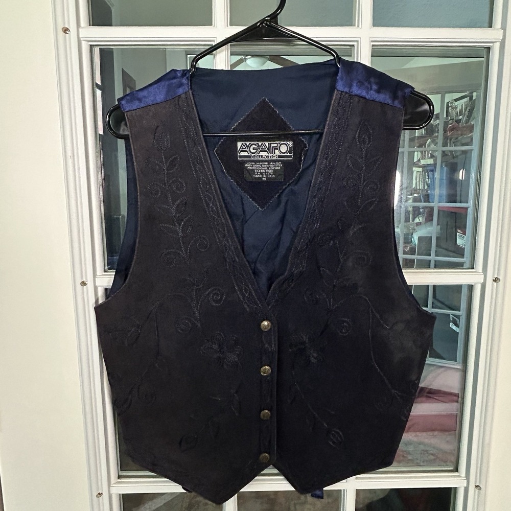 Vintage 90s Agapo Navy Blue Leather Suede Vest Floral Embroidered Oklahoma Men M